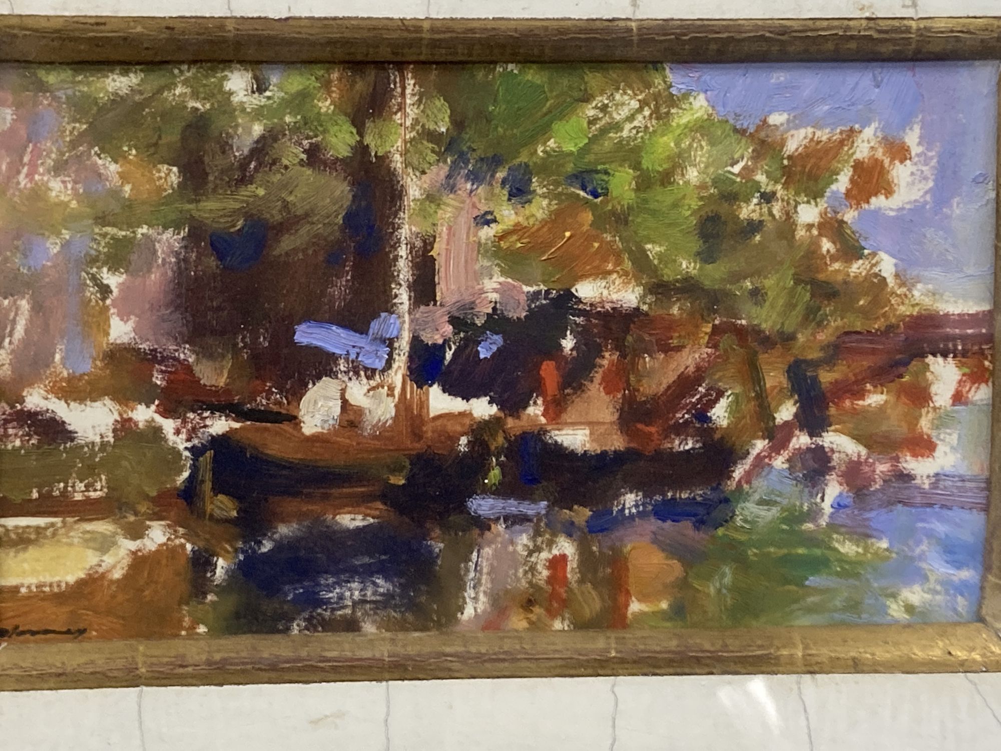 Three assorted modern oils, Flower study; Waterside boats and Hilltop, largest 26 x 36cm